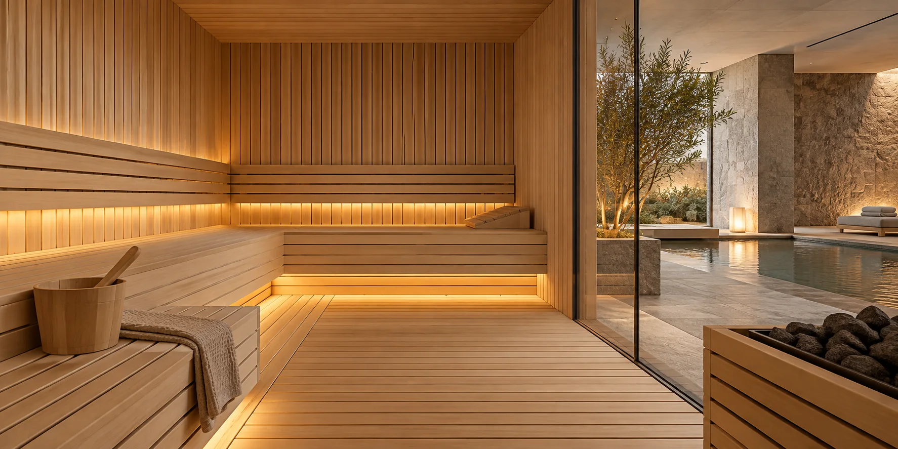 Illustratieve moderne sauna in hout; geen foto van een project of showroom van ABC Saunabouw